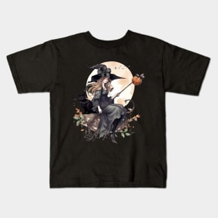 Mystical Witch and Her Black Cat with Ravens and A Harvest Moon Kids T-Shirt